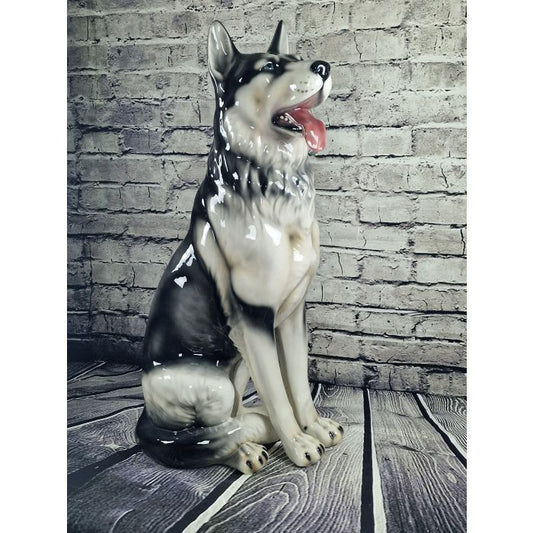 Siberian Husky Sitting Figurine XXL – Handmade Glazed Porcelain