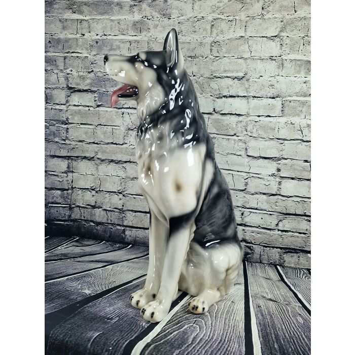 Siberian Husky Sitting Figurine XXL – Handmade Glazed Porcelain